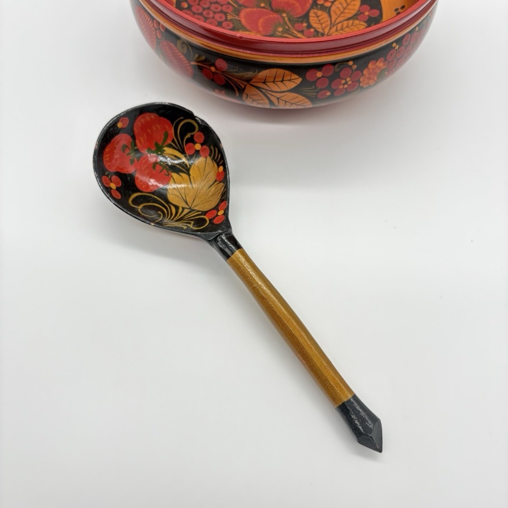 Russian Art Khokhloma Wooden Bowl Matching Spoon Traditional Floral Berry Design - Picture 8 of 16